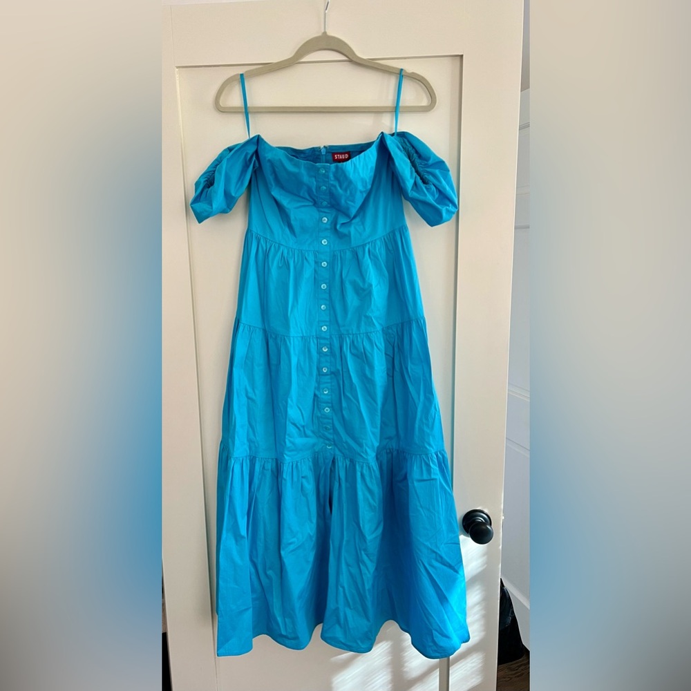 Staud aqua cotton dress - off shoulder, button front - size 6